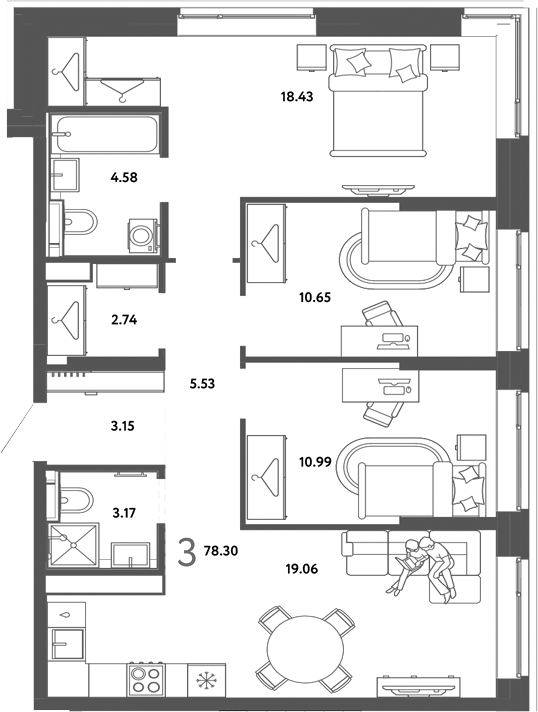 Планировка 3-к.кв 78.30 м² в ЖК «Страна. Тополевая»