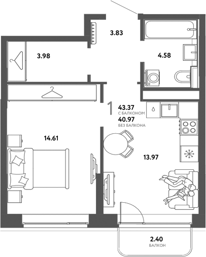 Планировка 1-к.кв 40.97 м² в ЖК «Страна. Тополевая»