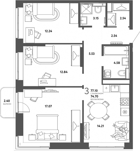 Планировка 3-к.кв 74.70 м² в ЖК «Страна. Тополевая»