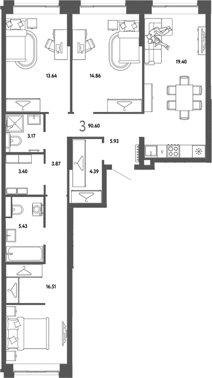 Планировка 3-к.кв 90.60 м² в ЖК «Страна. Тополевая»