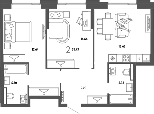 Планировка 2-к.кв 68.73 м² в ЖК «Страна. Тополевая»