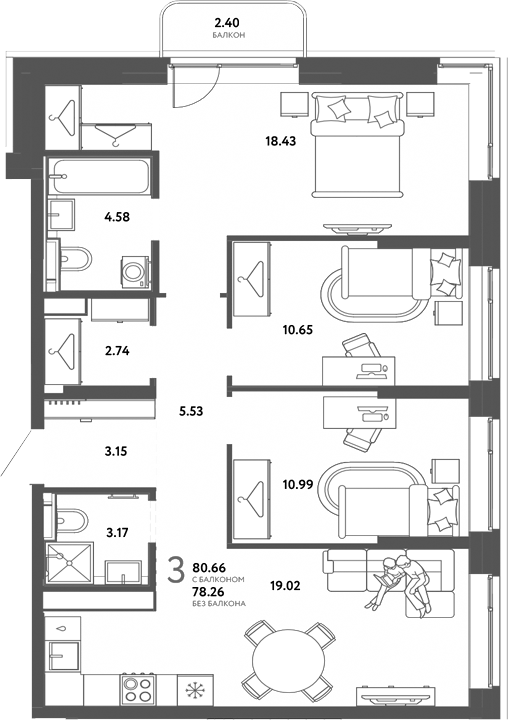 Планировка 3-к.кв 78.26 м² в ЖК «Страна. Тополевая»