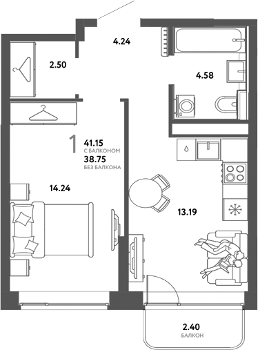 Планировка 1-к.кв 38.75 м² в ЖК «Страна. Тополевая»