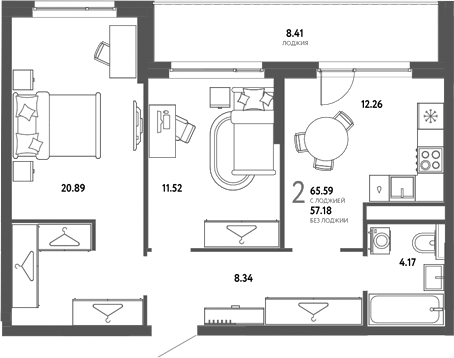 Планировка 2-к.кв 57.18 м² в ЖК «Страна. Тополевая»