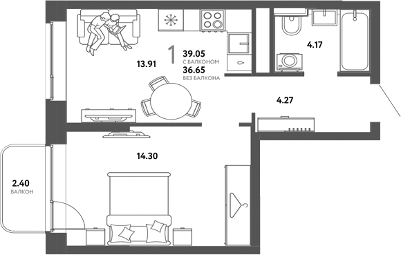 Планировка 1-к.кв 36.65 м² в ЖК «Страна. Тополевая»