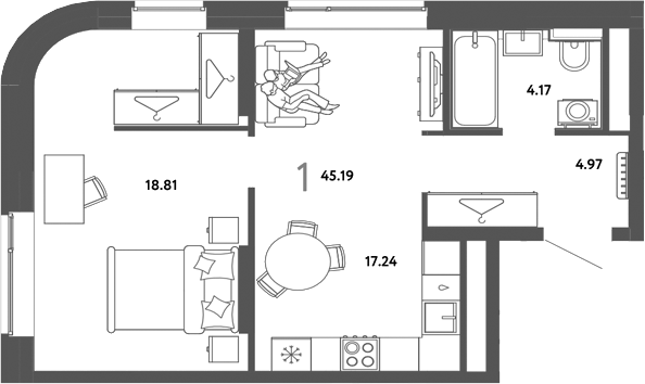 Планировка 1-к.кв 45.19 м² в ЖК «Страна. Тополевая»