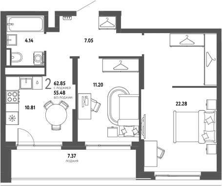 Планировка 2-к.кв 55.48 м² в ЖК «Страна. Тополевая»