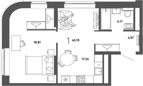 Планировка 1-к.кв 45.19 м² в ЖК «Страна. Тополевая»