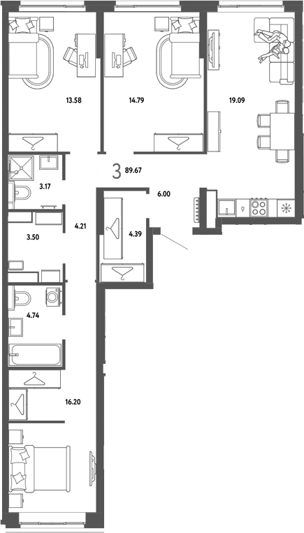 Планировка 3-к.кв 89.67 м² в ЖК «Страна. Тополевая»