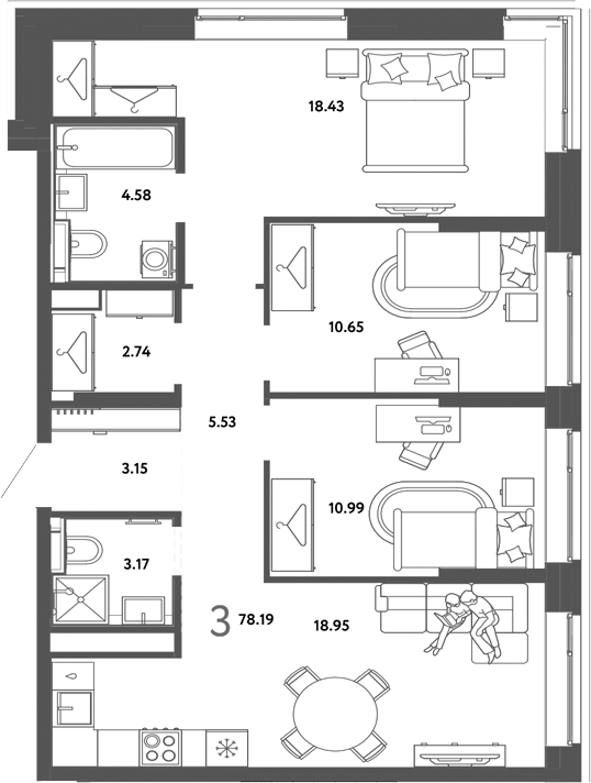 Планировка 3-к.кв 78.19 м² в ЖК «Страна. Тополевая»
