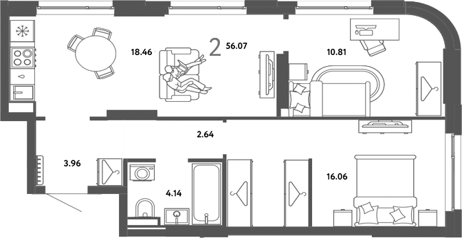 Планировка 2-к.кв 56.07 м² в ЖК «Страна. Тополевая»