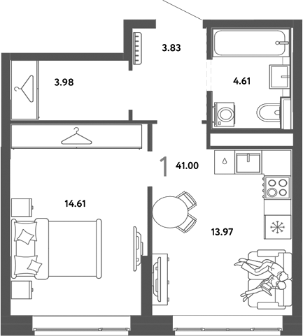 Планировка 1-к.кв 41.00 м² в ЖК «Страна. Тополевая»