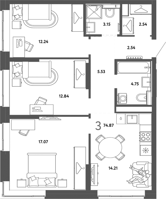 Планировка 3-к.кв 74.87 м² в ЖК «Страна. Тополевая»