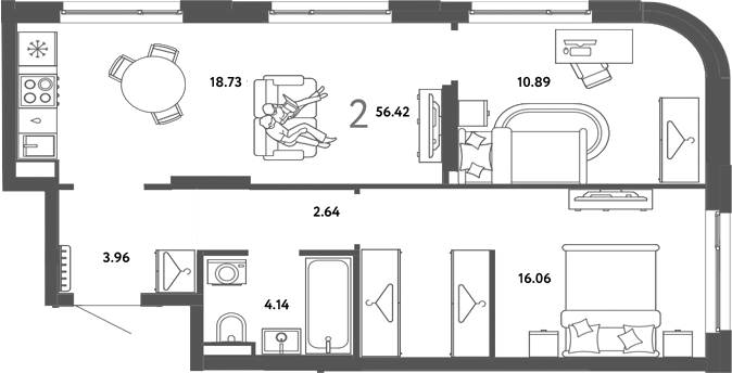 Планировка 2-к.кв 56.42 м² в ЖК «Страна. Тополевая»