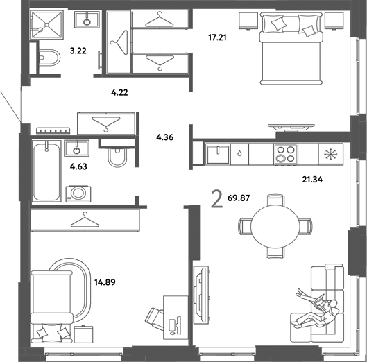 Планировка 2-к.кв 69.87 м² в ЖК «Страна. Тополевая»