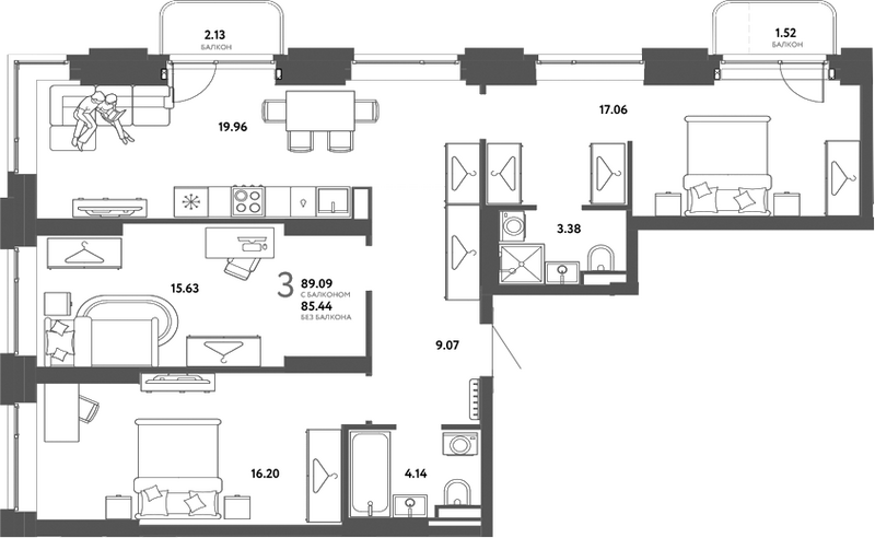 Планировка 3-к.кв 85.44 м² в ЖК «Страна. Тополевая»