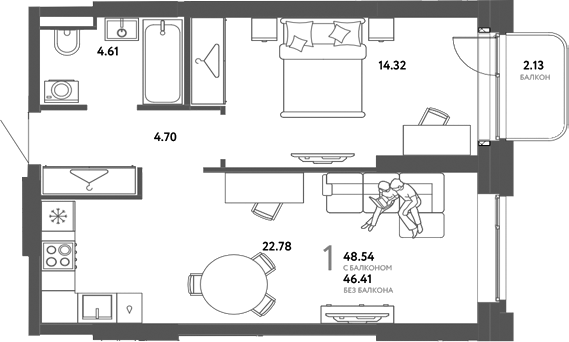Планировка 1-к.кв 46.41 м² в ЖК «Страна. Тополевая»