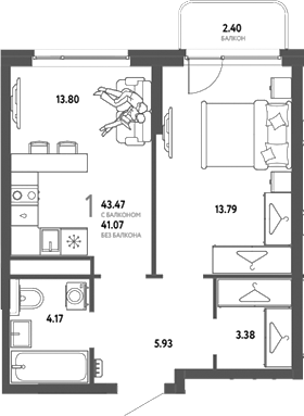 Планировка 1-к.кв 41.07 м² в ЖК «Страна. Тополевая»
