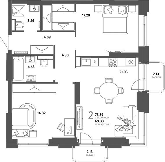Планировка 2-к.кв 69.33 м² в ЖК «Страна. Тополевая»