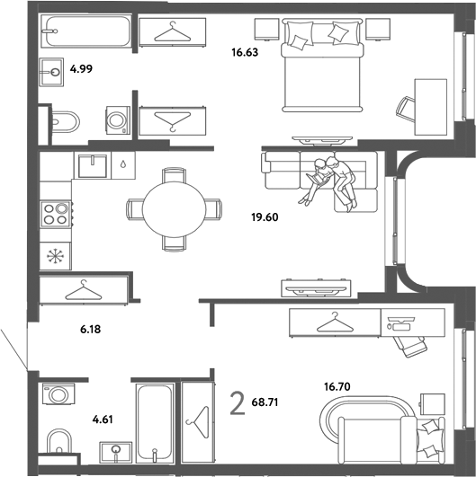 Планировка 2-к.кв 68.71 м² в ЖК «Страна. Тополевая»