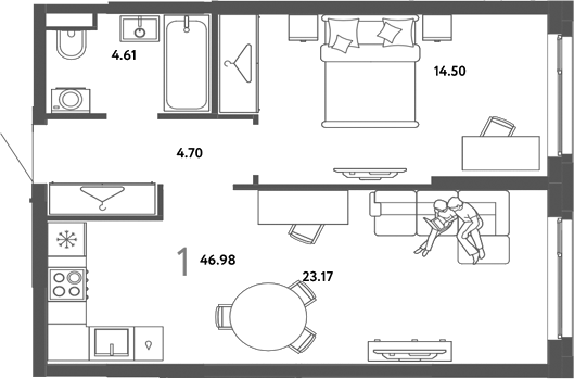 Планировка 1-к.кв 46.98 м² в ЖК «Страна. Тополевая»