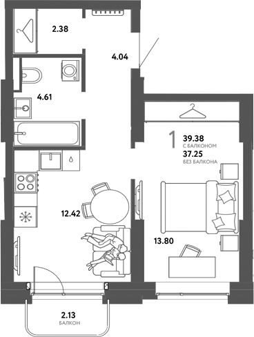 Планировка 1-к.кв 39.38 м² в ЖК «Страна. Тополевая»