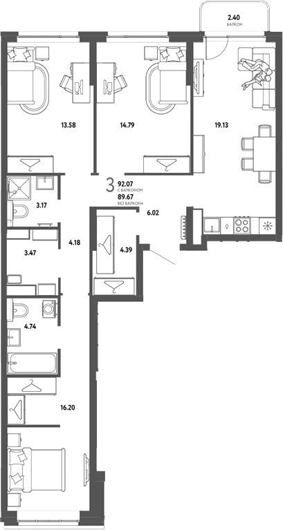 Планировка 3-к.кв 89.67 м² в ЖК «Страна. Тополевая»
