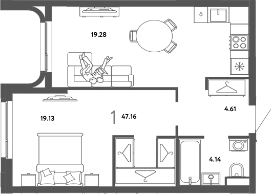 Планировка 1-к.кв 47.16 м² в ЖК «Страна. Тополевая»