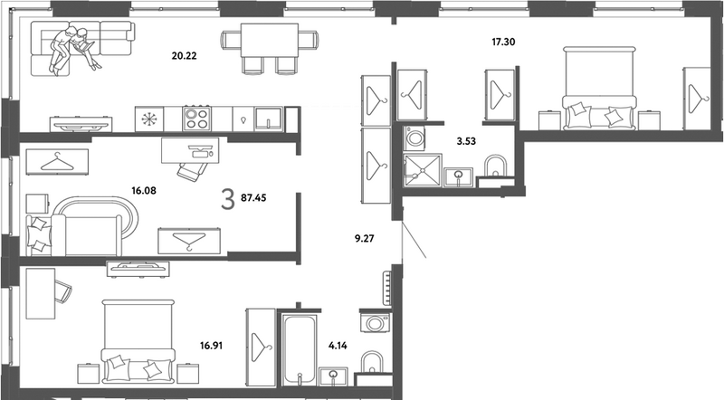 Планировка 3-к.кв 87.45 м² в ЖК «Страна. Тополевая»