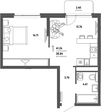 Планировка 1-к.кв 38.84 м² в ЖК «Страна. Тополевая»