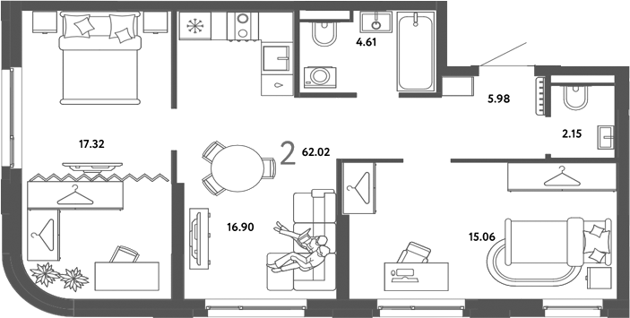 Планировка 2-к.кв 62.02 м² в ЖК «Страна. Тополевая»