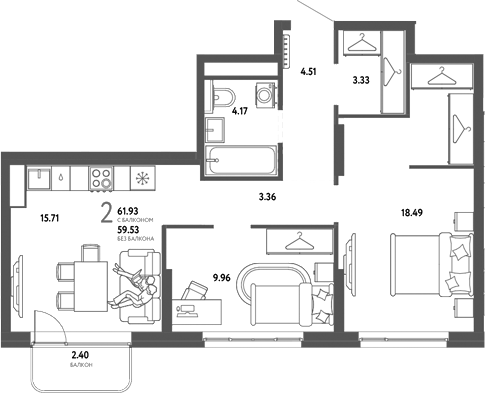 Планировка 2-к.кв 59.53 м² в ЖК «Страна. Тополевая»