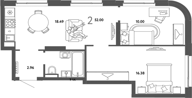 Планировка 2-к.кв 52.00 м² в ЖК «Страна. Тополевая»