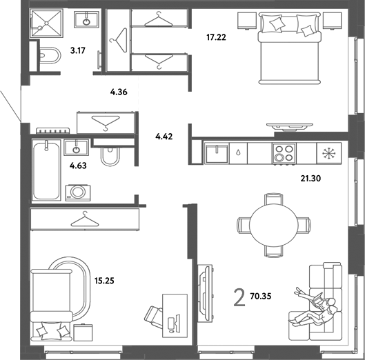 Планировка 2-к.кв 70.35 м² в ЖК «Страна. Тополевая»