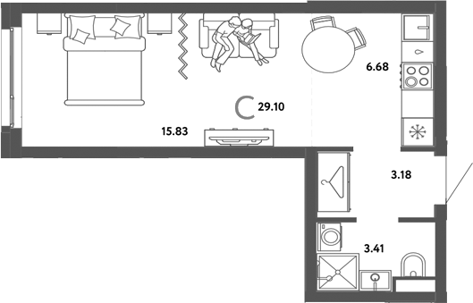 Планировка студии 29.10 м² в ЖК «Страна. Тополевая»