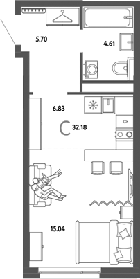 Планировка студии 32.18 м² в ЖК «Страна. Тополевая»