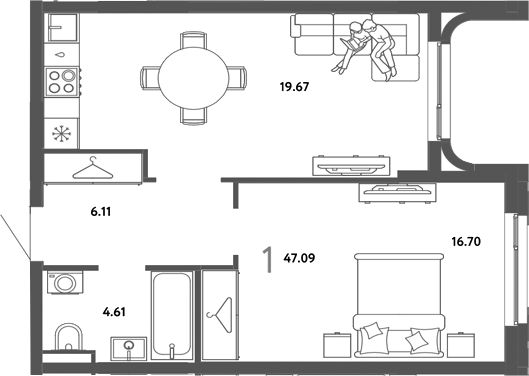 Планировка 1-к.кв 47.09 м² в ЖК «Страна. Тополевая»