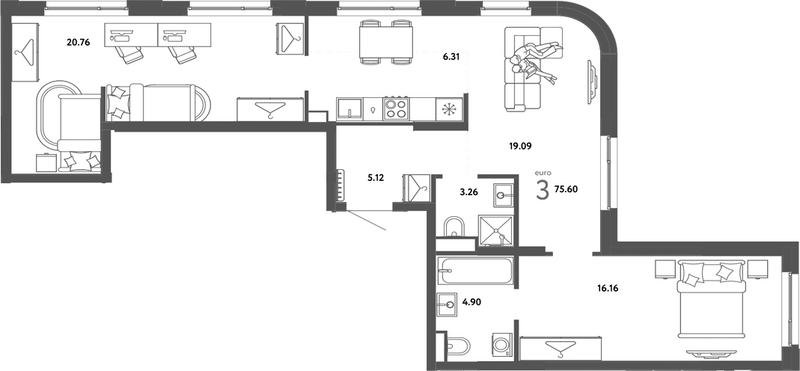 Планировка 2-к.кв 75.60 м² в ЖК «Страна. Тополевая»