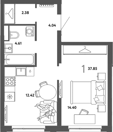 Планировка 1-к.кв 37.85 м² в ЖК «Страна. Тополевая»