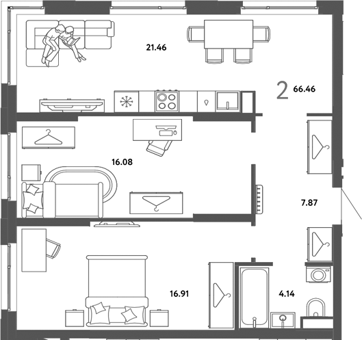 Планировка 2-к.кв 66.46 м² в ЖК «Страна. Тополевая»
