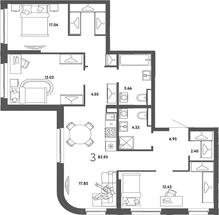 Планировка 3-к.кв 83.93 м² в ЖК «Страна. Тополевая»
