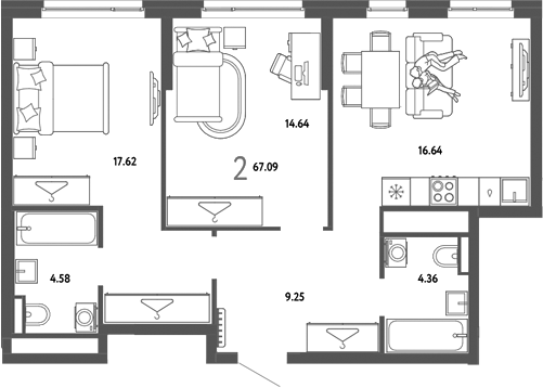 Планировка 2-к.кв 67.09 м² в ЖК «Страна. Тополевая»