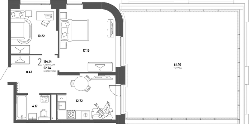 Планировка 2-к.кв 52.74 м² в ЖК «Страна. Тополевая»
