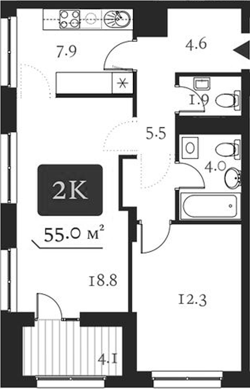 Планировка 2е-к.кв 57.05 м² в ЖК «Нобель»