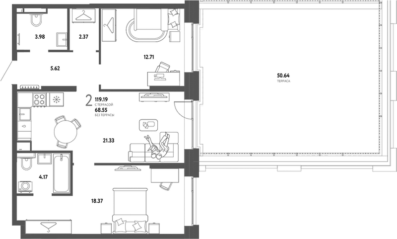 Планировка 2-к.кв 68.55 м² в ЖК «Страна. Тополевая»