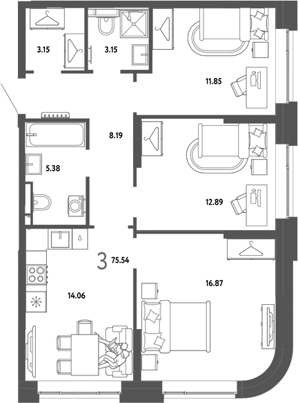 Планировка 3-к.кв 75.54 м² в ЖК «Страна. Тополевая»