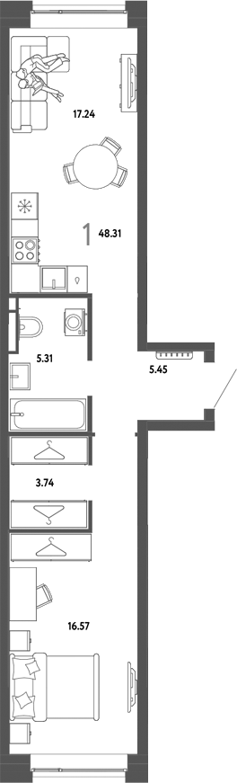 Планировка 1-к.кв 48.31 м² в ЖК «Страна. Тополевая»