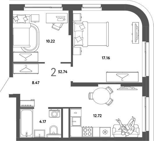 Планировка 2-к.кв 52.74 м² в ЖК «Страна. Тополевая»
