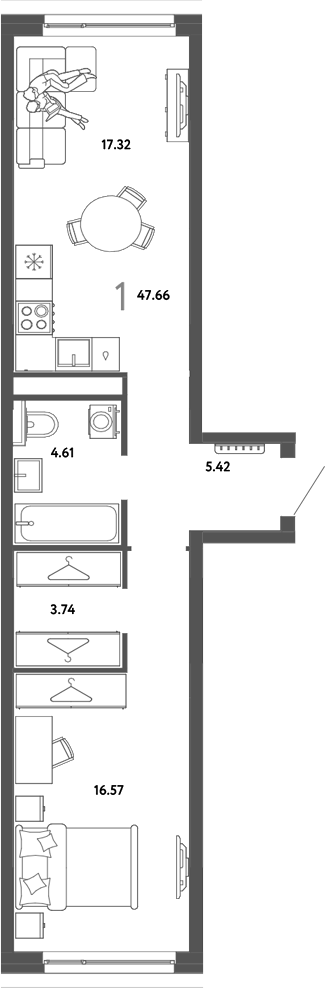 Планировка 1-к.кв 47.66 м² в ЖК «Страна. Тополевая»