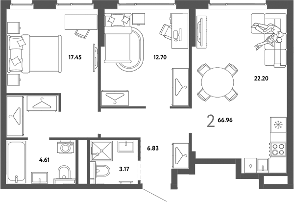 Планировка 2-к.кв 66.96 м² в ЖК «Страна. Тополевая»